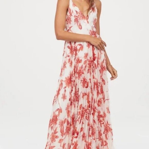 H&M Pleated Floral Wrap Long Dress Cream & Rusty Red Size 2 - Picture 1 of 13